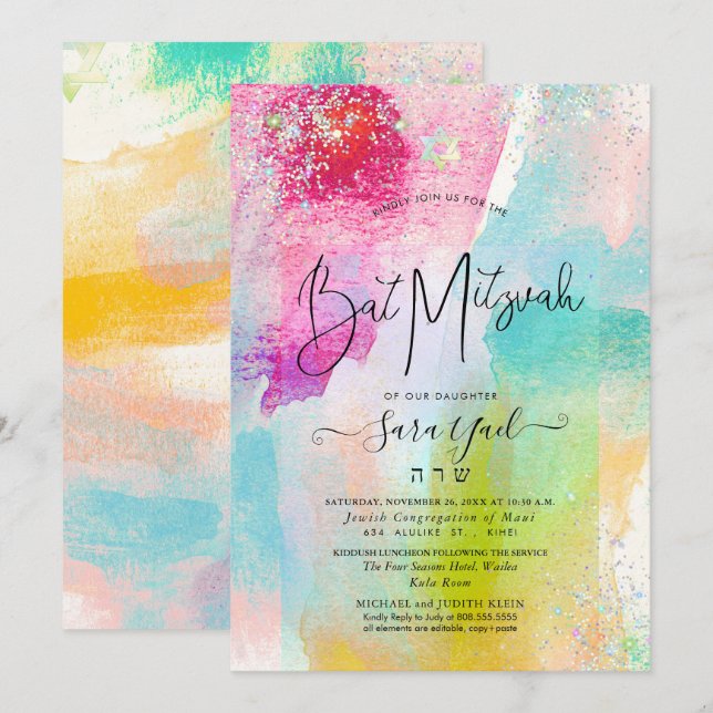 Brushed Watercolor Holography Glitter Mitzvah Inv Inbjudningar (Fram/baksida)