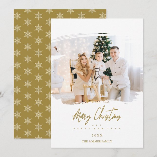 Brushstroke Christmas Golden Snowflakes Photo Julkort (Fram/baksida)