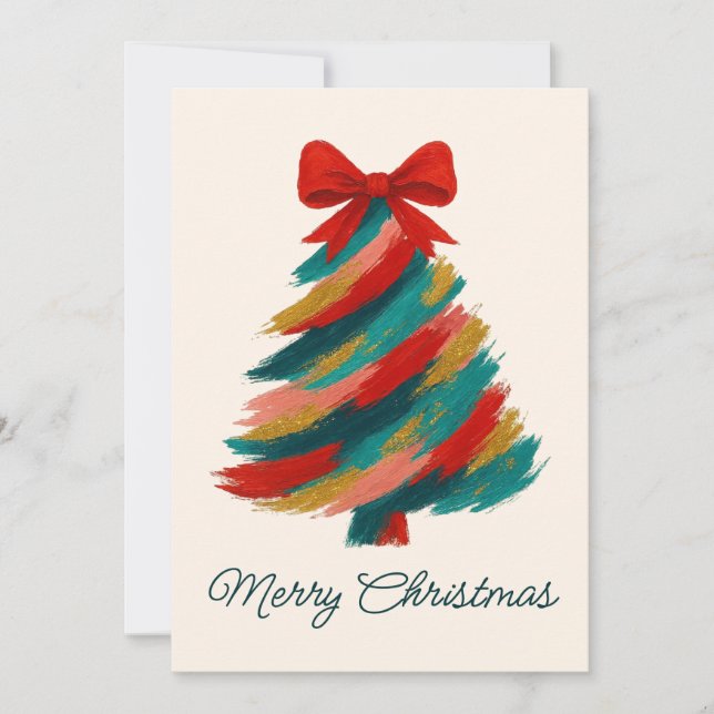 Brushstroke Christmas Tree Card with Red Bow Julkort (Framsida)