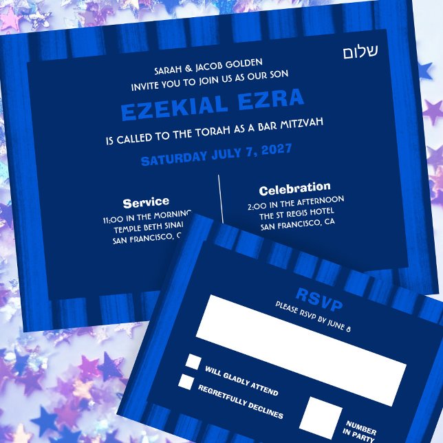 Brushstrokes Rand Blue Anpassningsbar Pub Bat mitz Inbjudningar (Brushstrokes Stripes Blue Custom Bar Bat Mitzvah Invitation
)