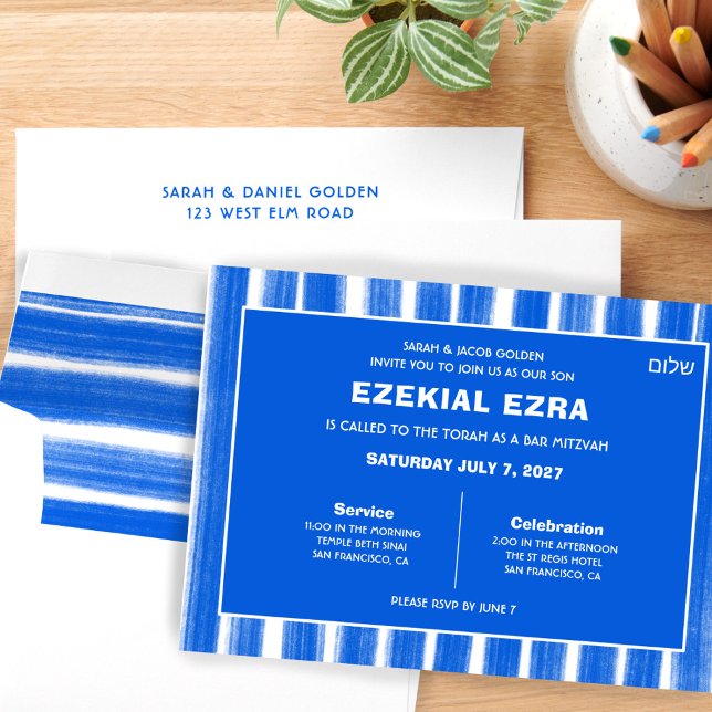 Brushstrokes Rand Blue Anpassningsbar Pub Bat mitz Inbjudningar (Brushstrokes Stripes Blue Custom Bar Bat Mitzvah Invitation
)