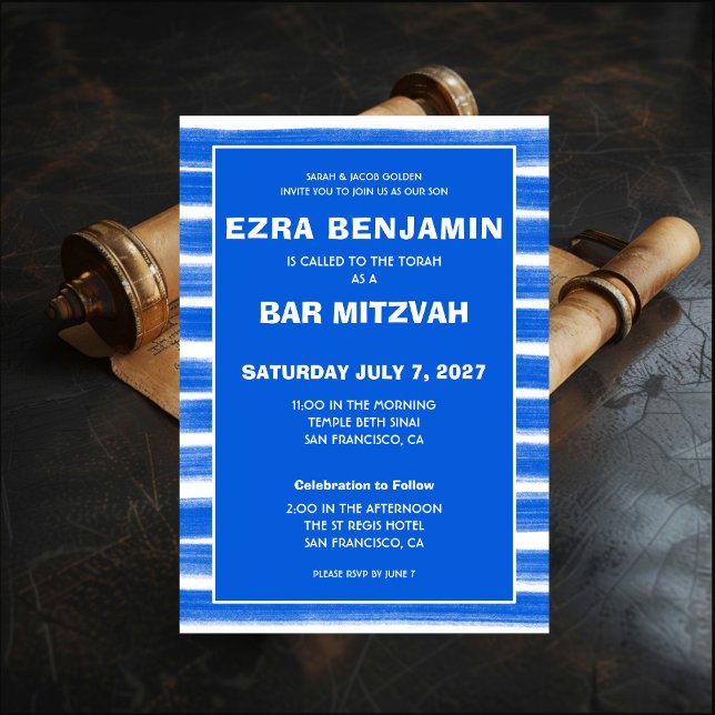 Brushstrokes Rand Blue Anpassningsbar Pub Bat mitz Inbjudningar (Brushstrokes Stripes Blue Custom Bar Bat Mitzvah Invitation
)