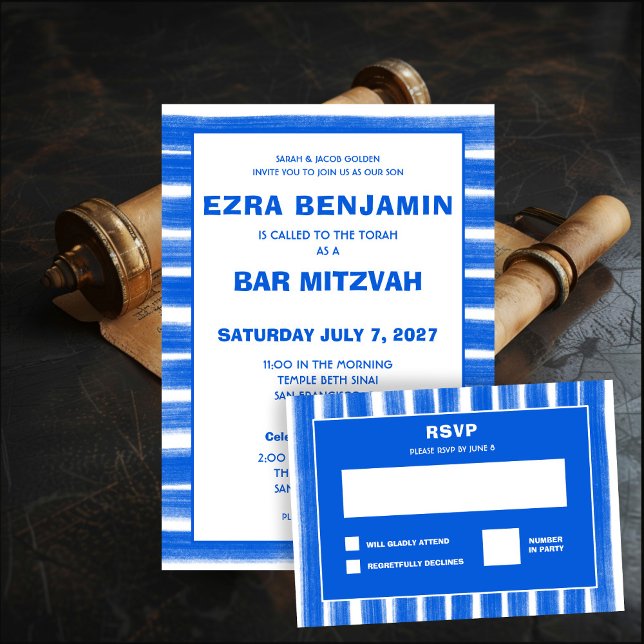 Brushstrokes Rand Blue Anpassningsbar Pub Bat mitz Inbjudningar (Brushstrokes Stripes Blue Custom Bar Bat Mitzvah Invitation
)