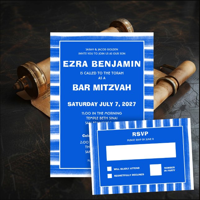 Brushstrokes Rand Blue Anpassningsbar Pub Bat mitz OSA Kort (Brushstrokes Stripes Blue Custom Bar Bat Mitzvah RSVP Card
)