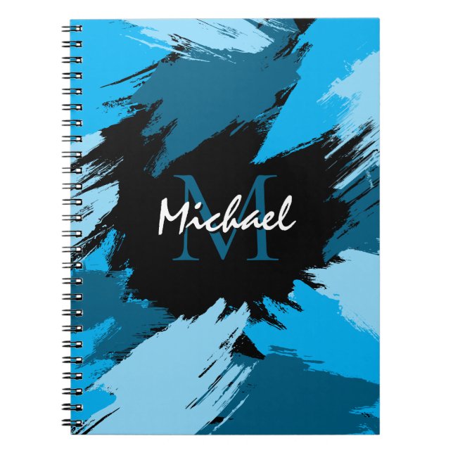 Brushstrokes skuggor av blå namn med monogram anteckningsbok (Framsidan)