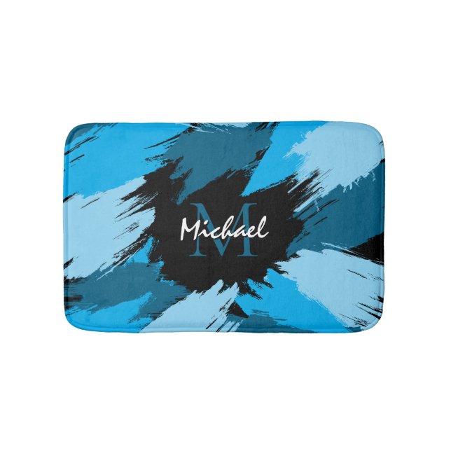 Brushstrokes skuggor av blå namn med monogram badrumsmatta (Framsidan)