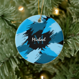 Brushstrokes skuggor av blå namn med monogram julgransprydnad keramik