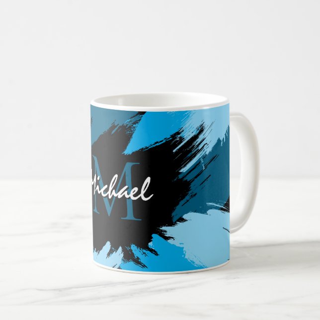 Brushstrokes skuggor av blå namn med monogram kaffemugg (Framsida höger)