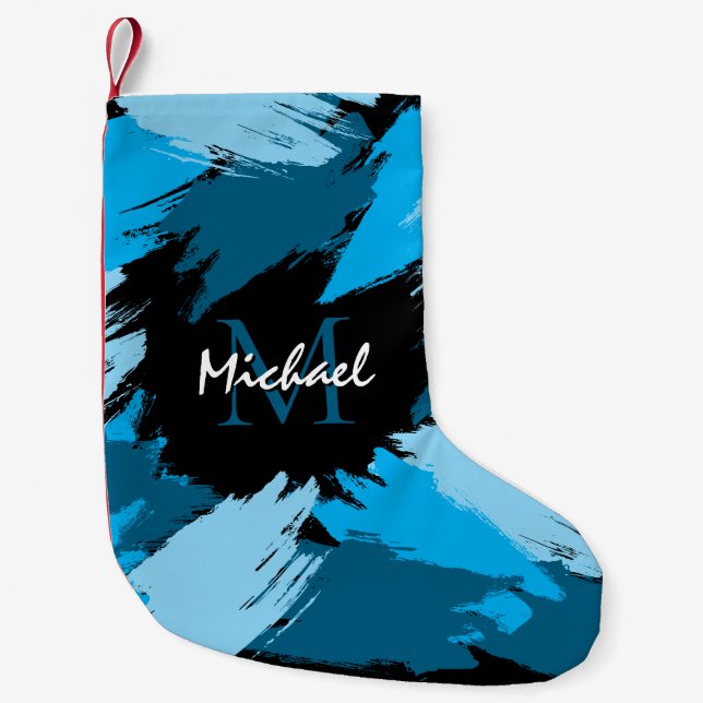 Brushstrokes skuggor av blå namn med monogram liten julstrumpa (Framsidan)