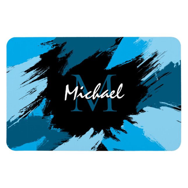 Brushstrokes skuggor av blå namn med monogram magnet (Horisontell)