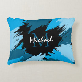 Brushstrokes skuggor av blå namn med monogram prydnadskudde