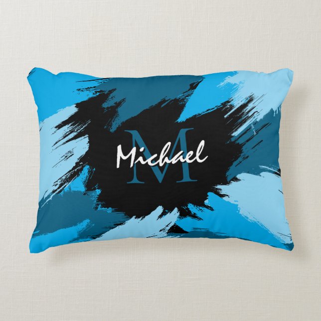 Brushstrokes skuggor av blå namn med monogram prydnadskudde (Framsidan)