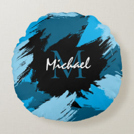 Brushstrokes skuggor av blå namn med monogram rund kudde