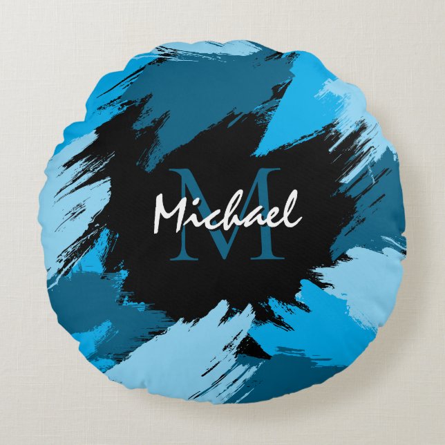 Brushstrokes skuggor av blå namn med monogram rund kudde (Framsidan)