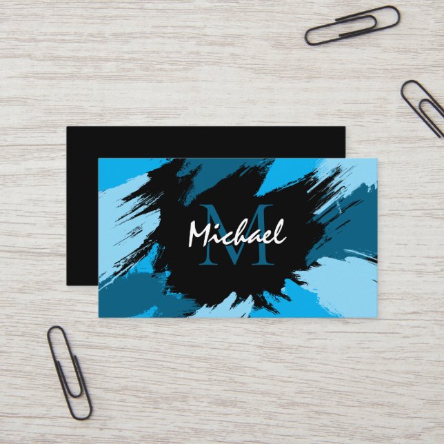 Brushstrokes skuggor av blå namn med monogram visitkort (Fram/Back In Situ)