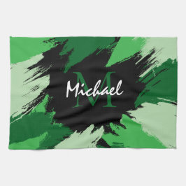 Brushstrokes skuggor av grönt namn med monogram kökshandduk