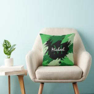 Brushstrokes skuggor av grönt namn med monogram kudde