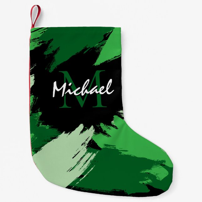 Brushstrokes skuggor av grönt namn med monogram liten julstrumpa (Framsidan)