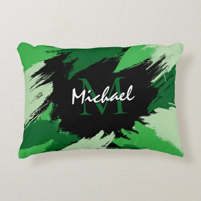 Brushstrokes skuggor av grönt namn med monogram prydnadskudde (Framsidan)