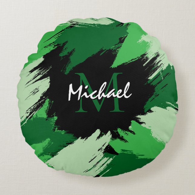 Brushstrokes skuggor av grönt namn med monogram rund kudde (Framsidan)