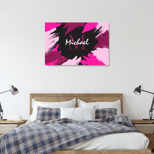 Brushstrokes-skuggor av shock rosa med monogram canvastryck (Insitu (sovrum))