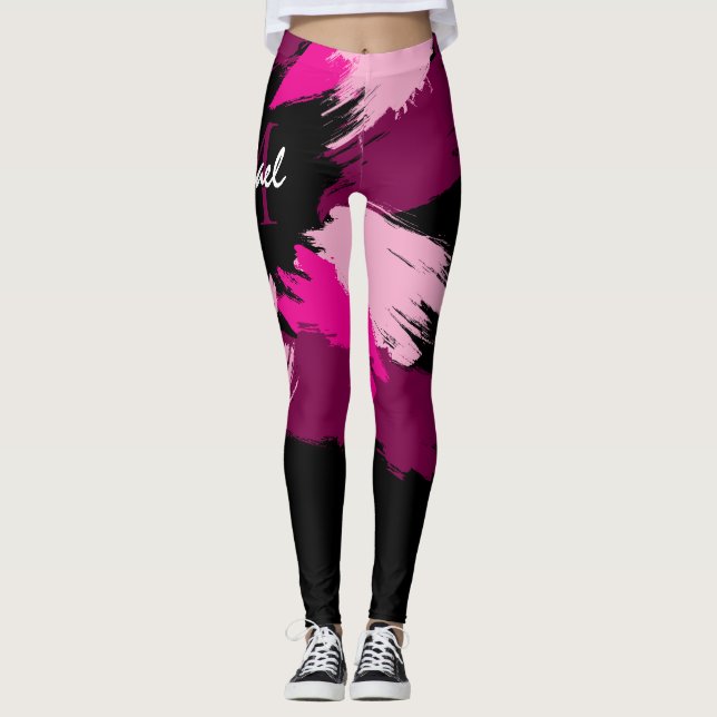 Brushstrokes-skuggor av shock rosa med monogram leggings (Framsida)