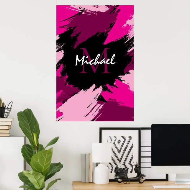 Brushstrokes-skuggor av shock rosa med monogram poster (Hemmakontoret)