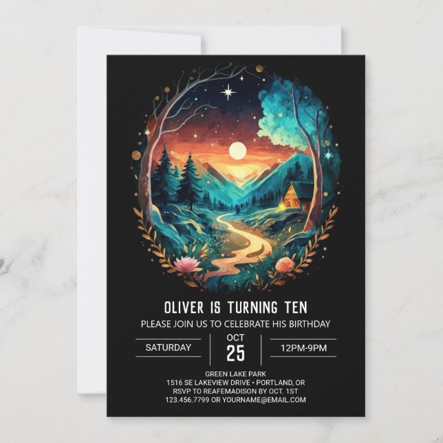 Brushwood Äventyr Awaits Wonderland Birthday Inbjudningar (Framsida)