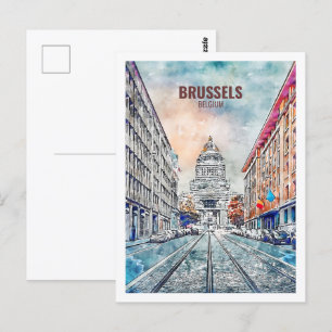 Brussels Belgium Berömd Travel Watercolor Sketch Vykort