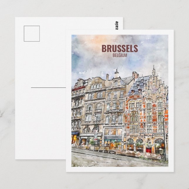 Brussels Belgium Berömd Travel Watercolor Vykort (Fram/baksida)