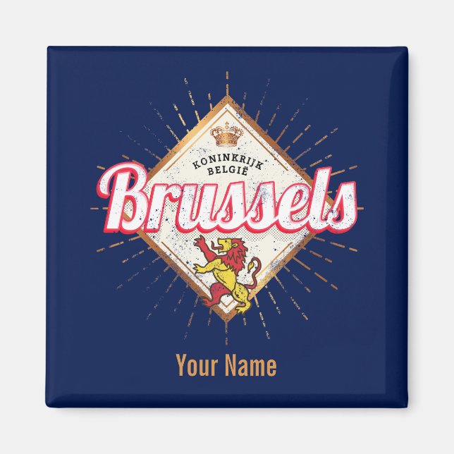 Brussels Europe Capital Belgium Retro Lejon Vintag Magnet (Framsidan)