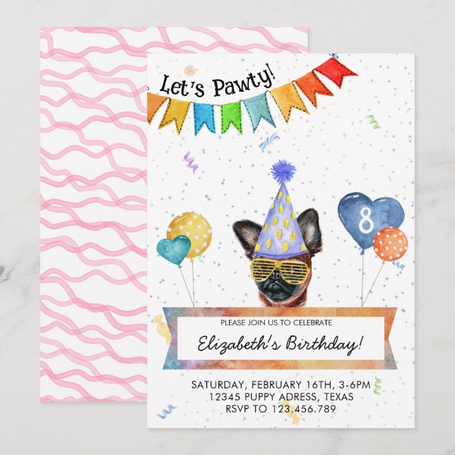 Brussels Griffon Lets Pawty Hund Födelsedagsfest Inbjudningar (Fram/baksida)