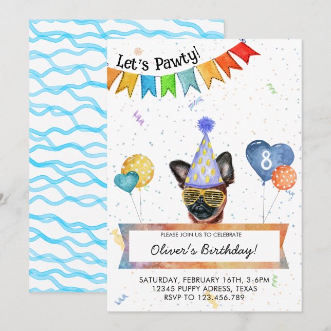 Brussels Griffon Lets Pawty Hund Födelsedagsfest Inbjudningar (Fram/baksida)