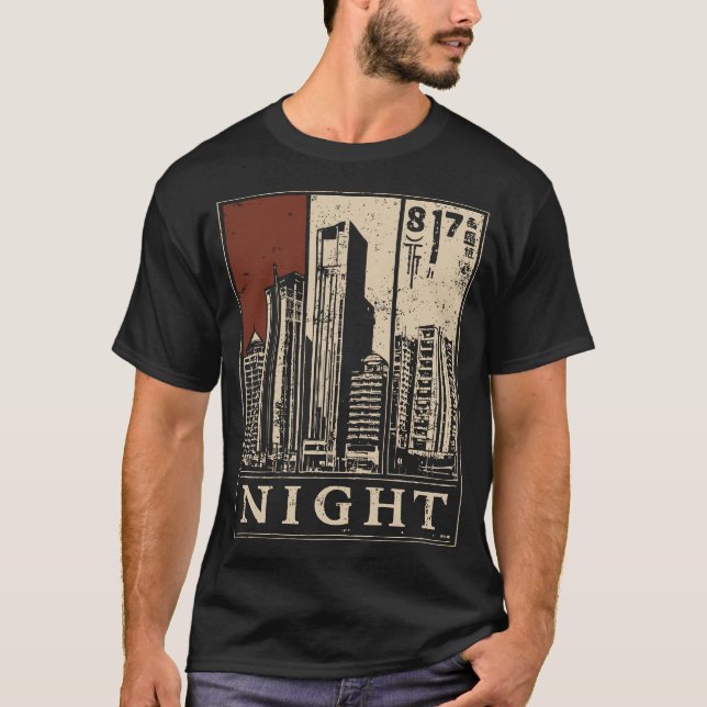 Brutalist Night Skyline Urban Noir Design T Shirt (Framsida)