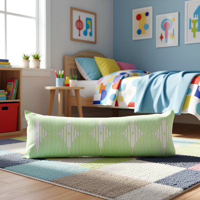 Brutalist Pulse: Pistaccio Green & White Kroppskudde (Side Sleeper Pillow on the Ground in a Youth Room)