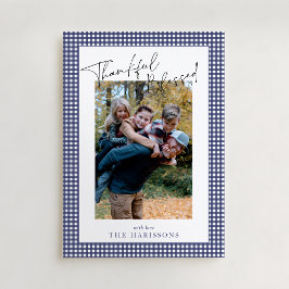 Brutblå Gingham Thankful & Blad Thanksgiving Inbjudningar