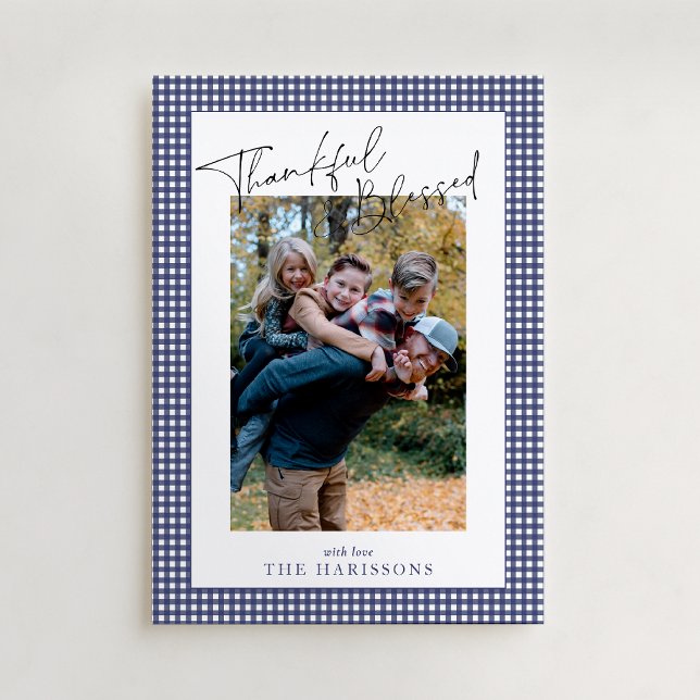 Brutblå Gingham Thankful & Blad Thanksgiving Inbjudningar (Skapare uppladdad)