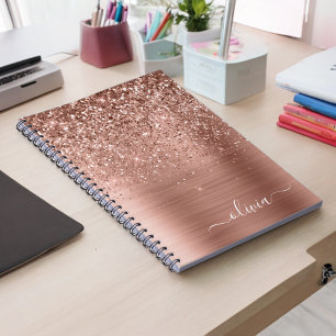 Bruten Metall Ro Guld Rosa Glitter Monogram Anteckningsbok