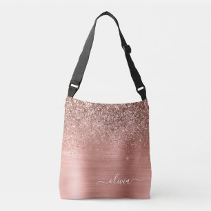 Bruten Metall Ro Guld Rosa Glitter Monogram Axelväska