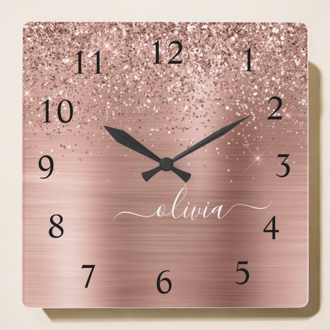 Bruten Metall Ro Guld Rosa Glitter Monogram Fyrkantig Klocka (Skapare uppladdad)