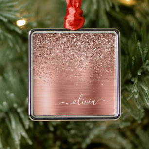 Bruten Metall Ro Guld Rosa Glitter Monogram Julgransprydnad Metall