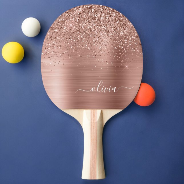Bruten Metall Ro Guld Rosa Glitter Monogram Pingisracket (Skapare uppladdad)