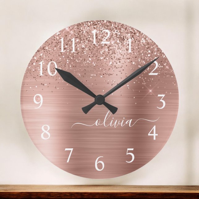 Bruten Metall Ro Guld Rosa Glitter Monogram Rund Klocka (Skapare uppladdad)