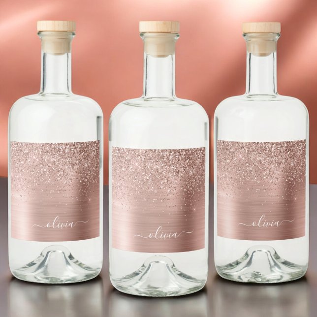 Bruten Metall Ro Guld Rosa Glitter Monogram Spritflaskor Etikett (Skapare uppladdad)