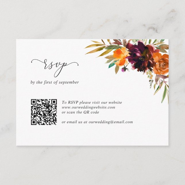 Bruten Orange Burgundy Rustic QR-kod Bröllop OSA Kort (Framsida)