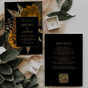 Bruten Orange Guld Blommigt Black QR-kod Bröllop Inbjudningar