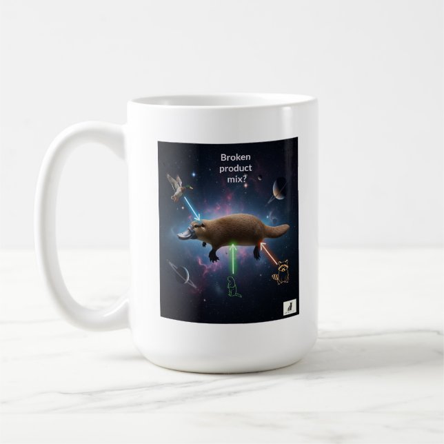 Bruten produktblandning? Cosmic Platypus Dilemma Kaffemugg (Vänster)