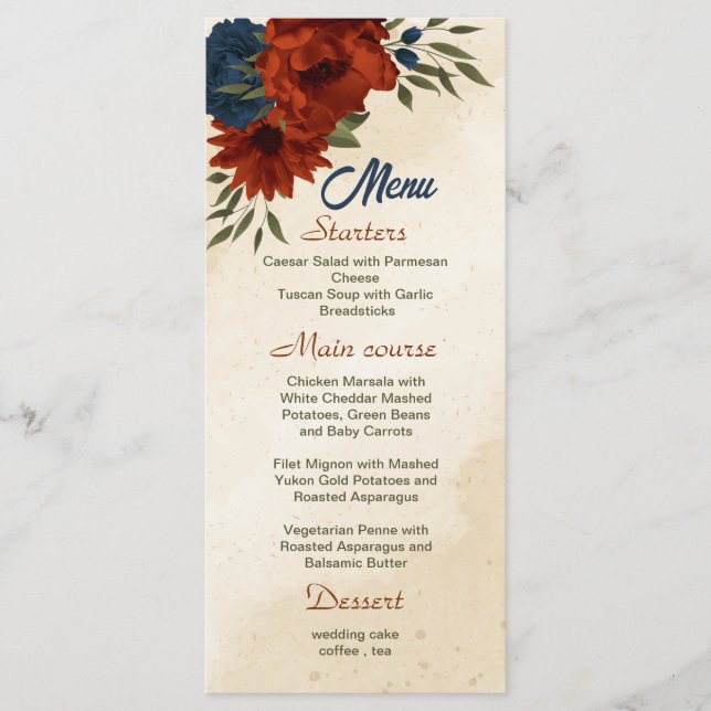 Brutet orange, blommor i marinen bröllop meny (Framsida)