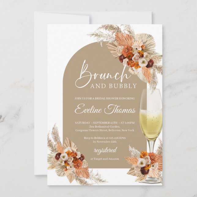 Brutet orange champagne glasbrunch och bubblor inbjudningar (Framsida)