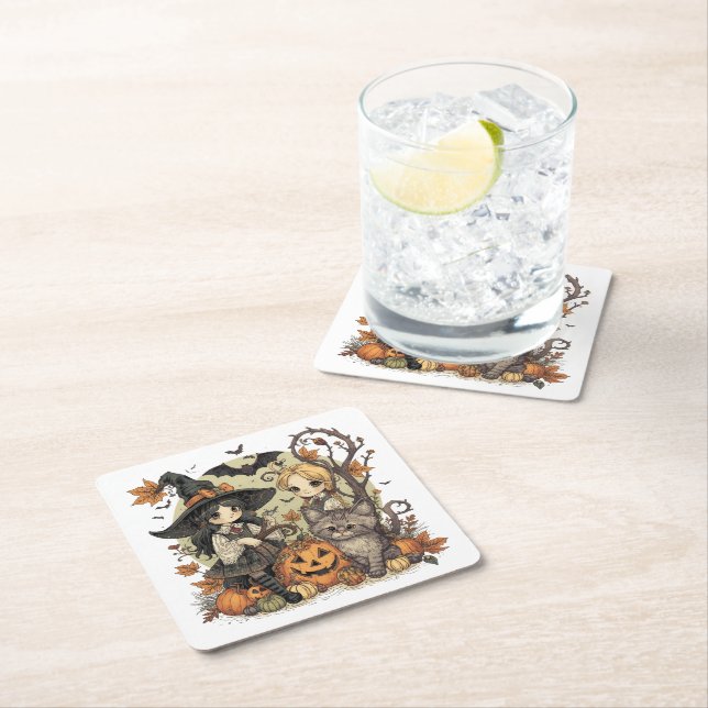 Bruxinhas Kawaii com Gatinho e Abóboras  Underlägg Papper Kvadrat (Insitu)